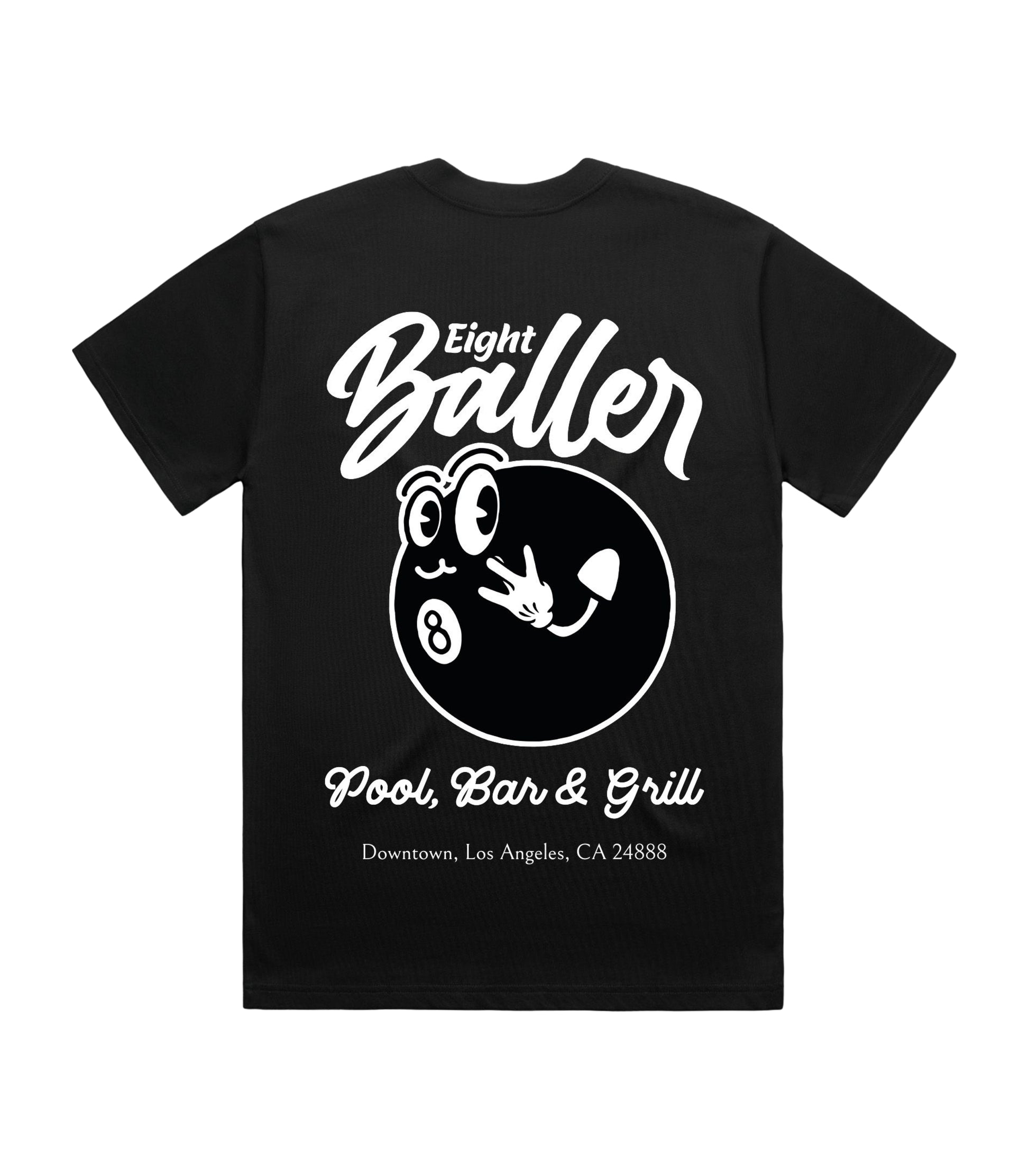 Flat lay of black Flow Like Zen t-shirt featuring bold Eight Baller cartoon 8-ball back graphic with 'Pool, Bar & Grill' slogan – UK luxury streetwear design.