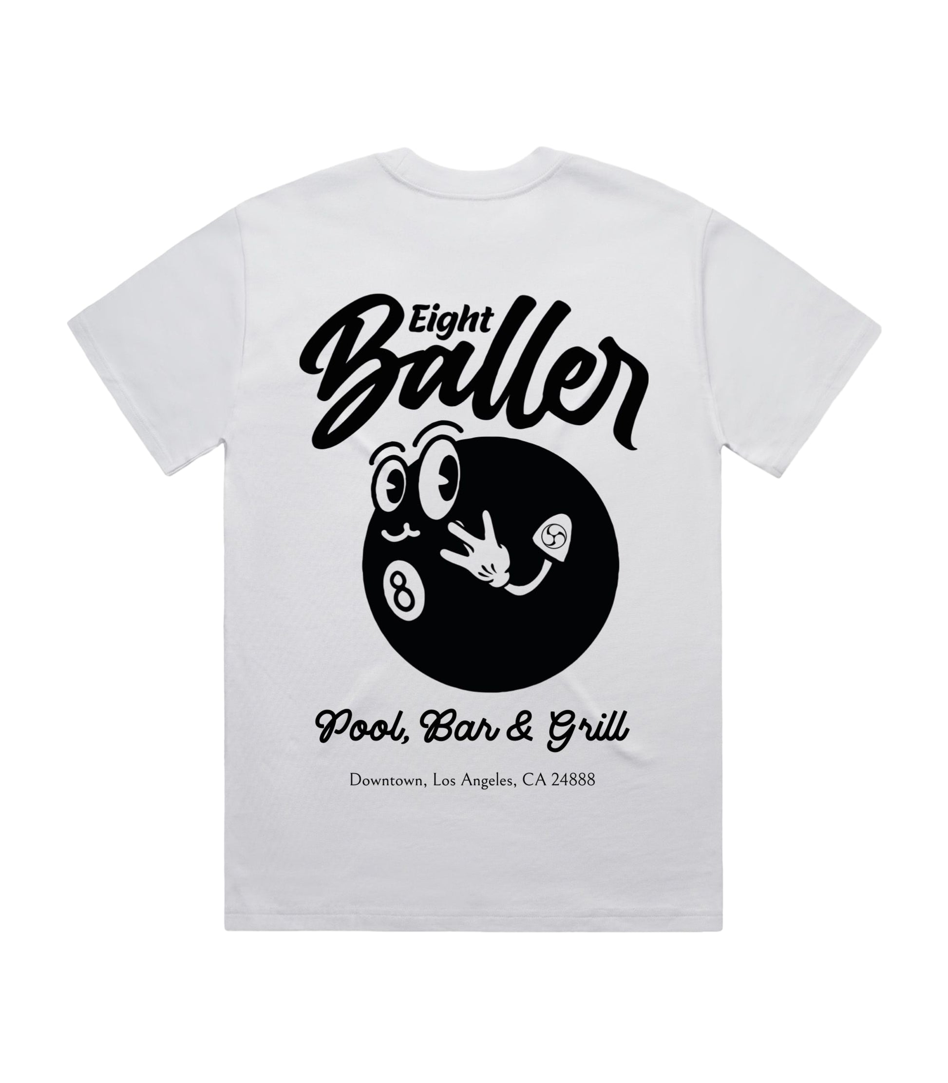 Flat lay of white Flow Like Zen t-shirt featuring large Eight Baller cartoon 8-ball back graphic and 'Pool, Bar & Grill' print – premium UK streetwear brand.