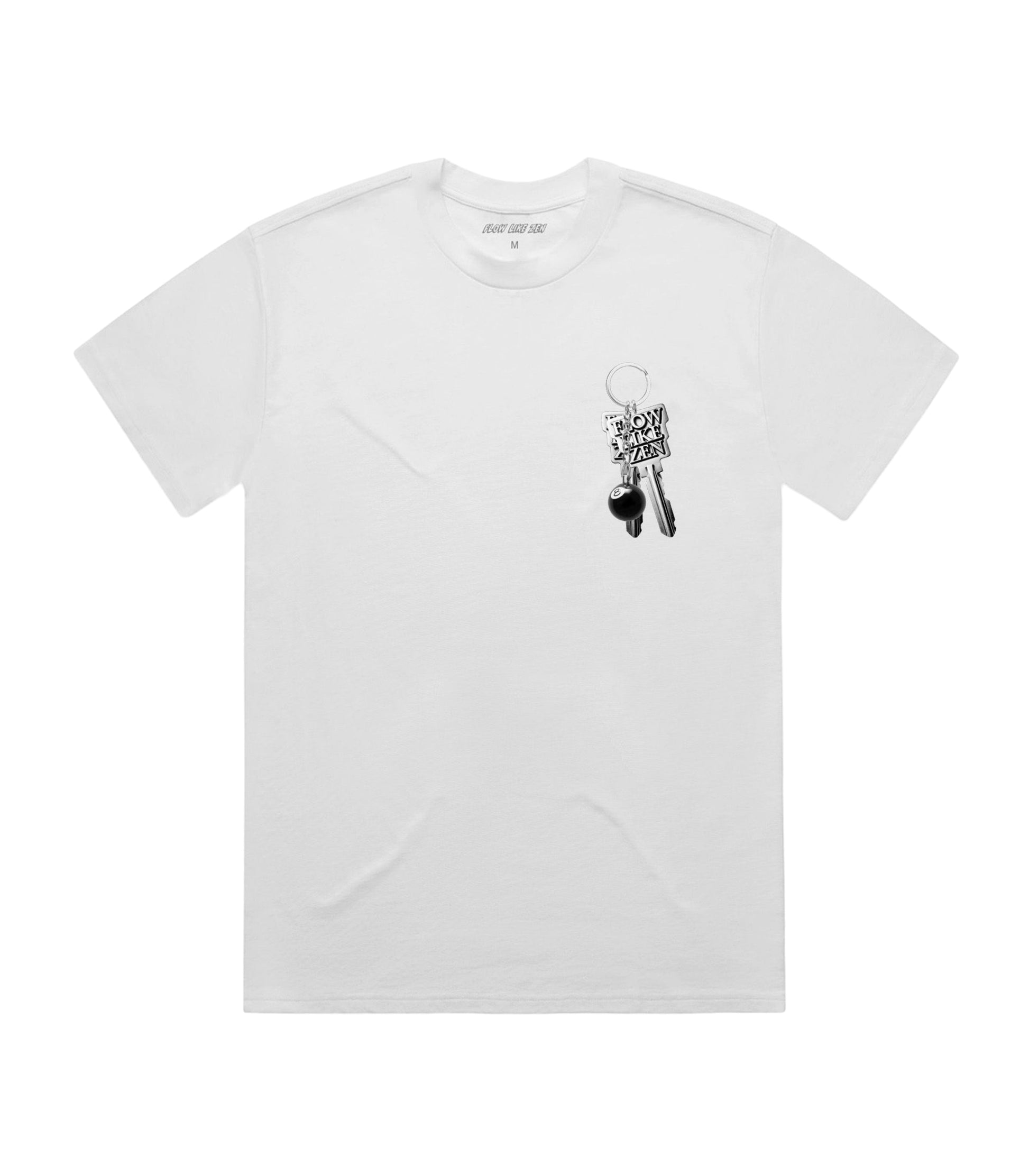 Flat lay of white Flow Like Zen t-shirt featuring small chest print of silver keychain and 8-ball pendant – UK independent streetwear tee.