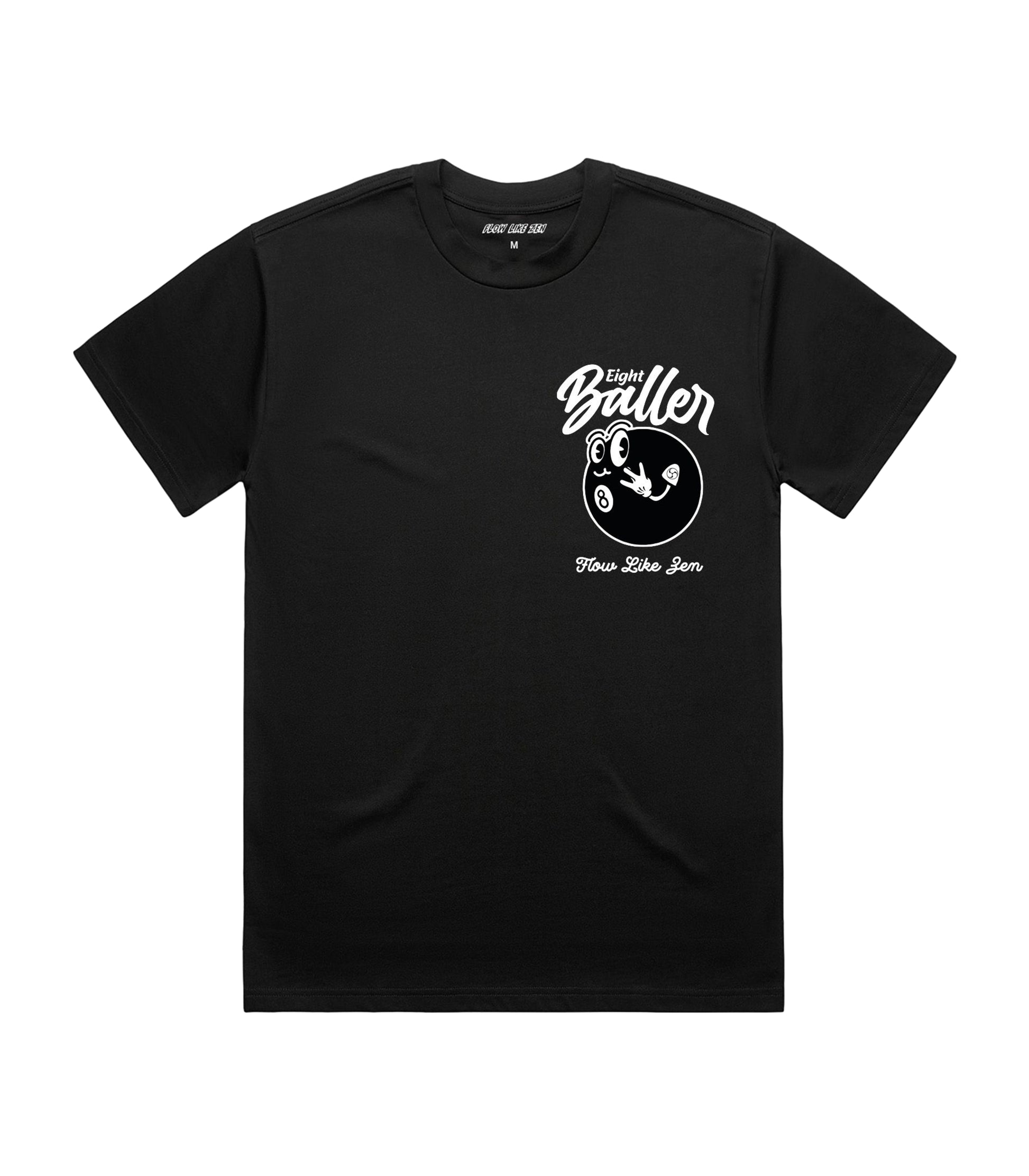 Flat-lay of a black luxury streetwear graphic t-shirt from a UK urban fashion label, featuring a bold white cartoon 8-ball logo with ‘Eight Baller’ script above, ‘Pool, Bar & Grill’ tagline below, and ‘Downtown, Los Angeles, CA 24888’ location text
