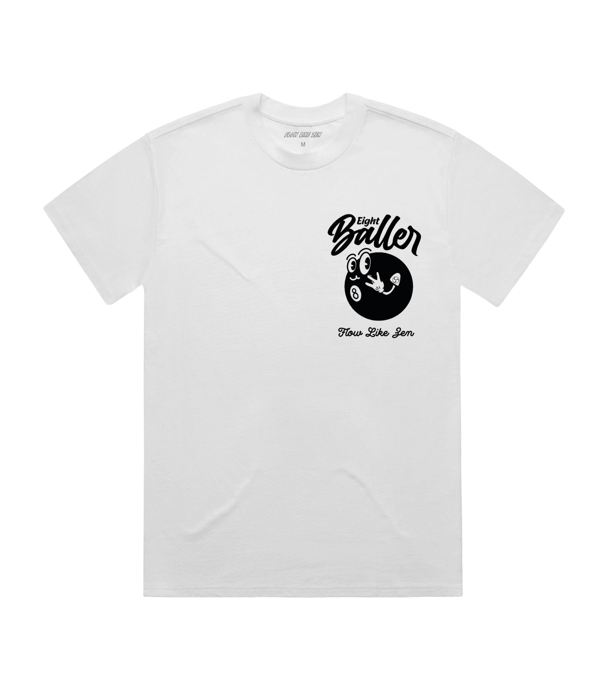 Flat lay of white Flow Like Zen t-shirt with small front chest print featuring Eight Baller cartoon 8-ball and brand logo – UK independent streetwear brand.