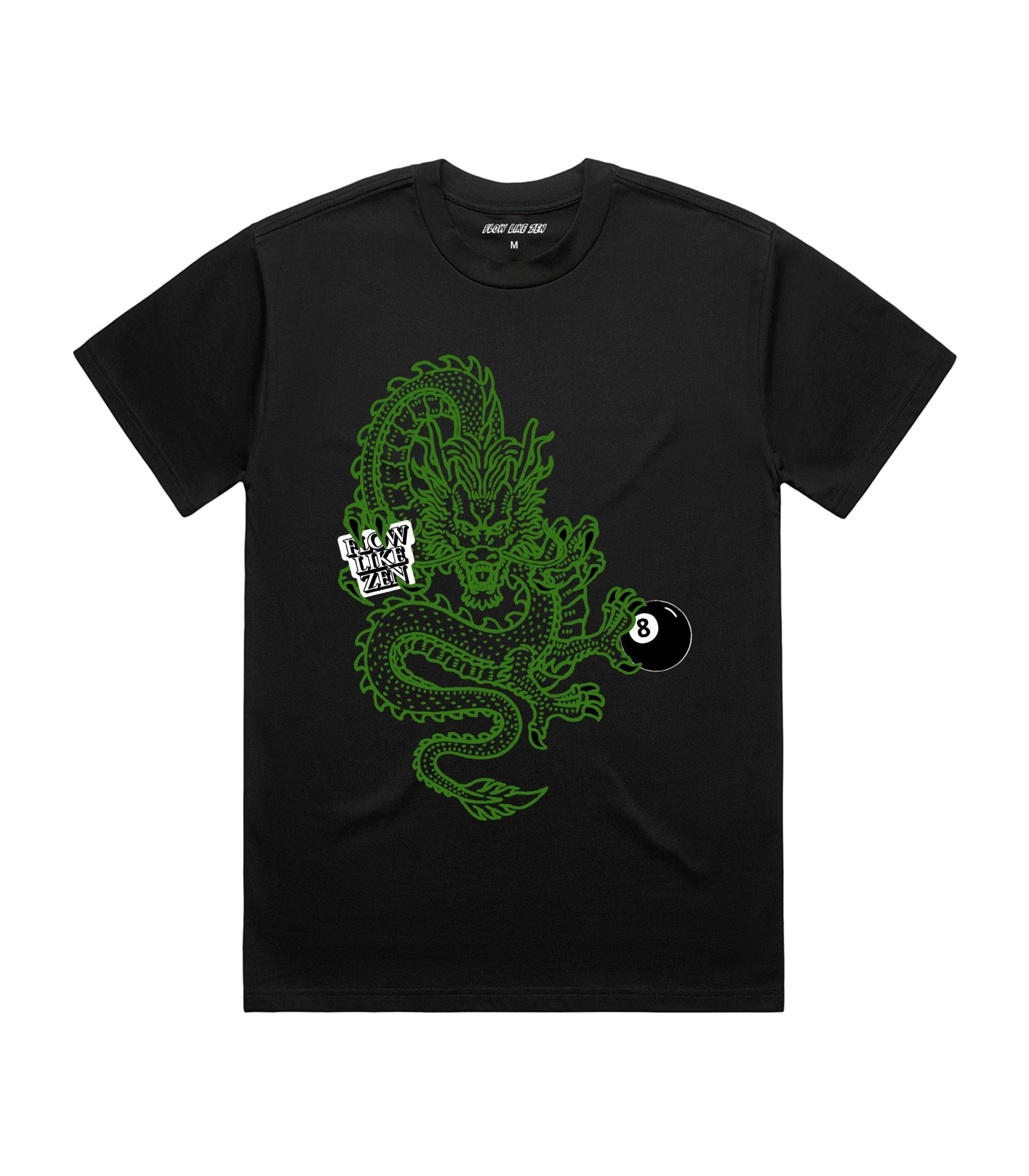 Flat lay of Flow Like Zen Dragon’s Grip black t-shirt with bold green dragon and 8-ball graphic on front; heavyweight cotton UK streetwear tee from independent British fashion brand.