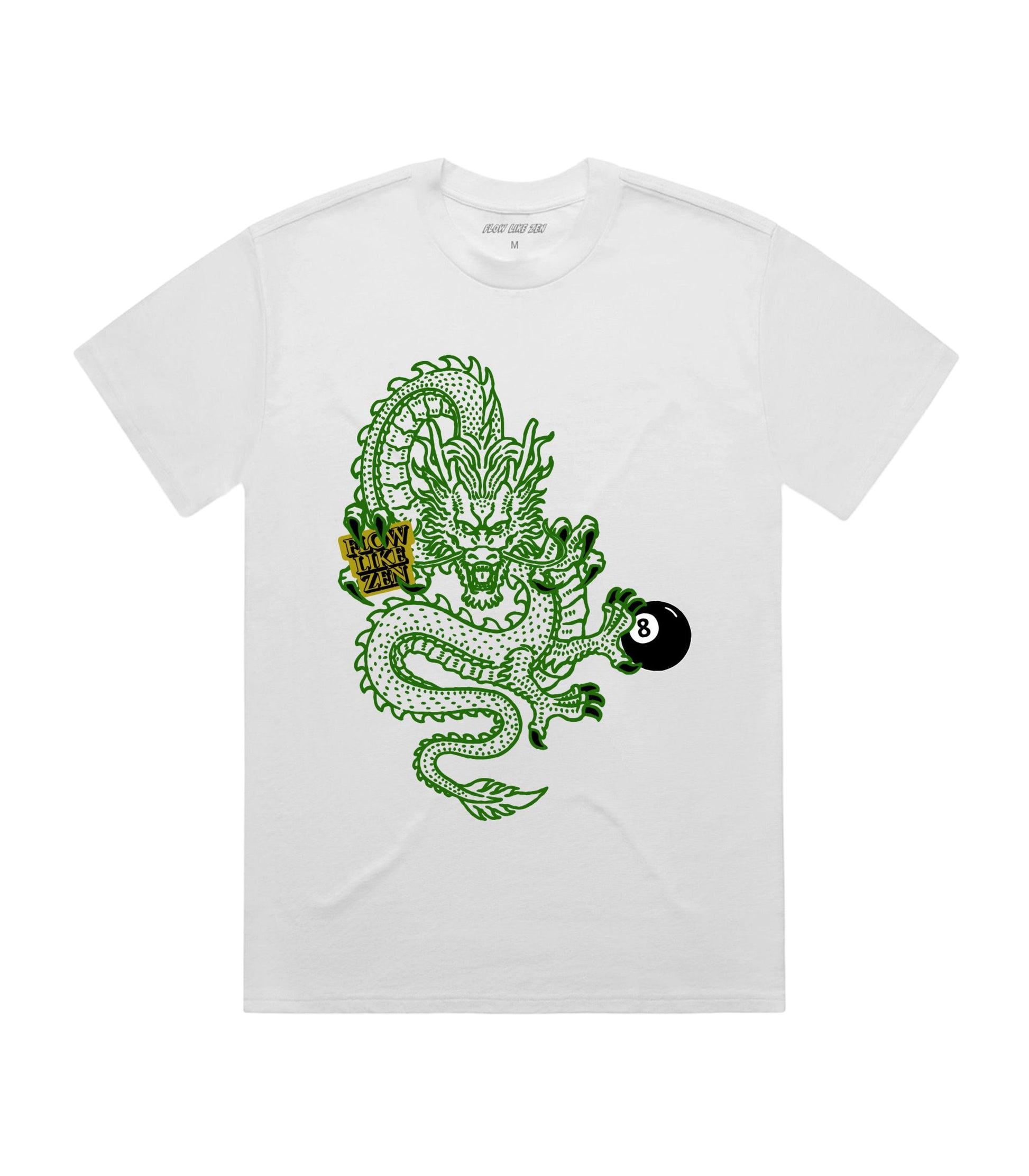 Flat lay of Flow Like Zen Dragon’s Grip white t-shirt with green dragon and black 8-ball graphic; premium heavyweight cotton streetwear tee from UK-based independent fashion brand.