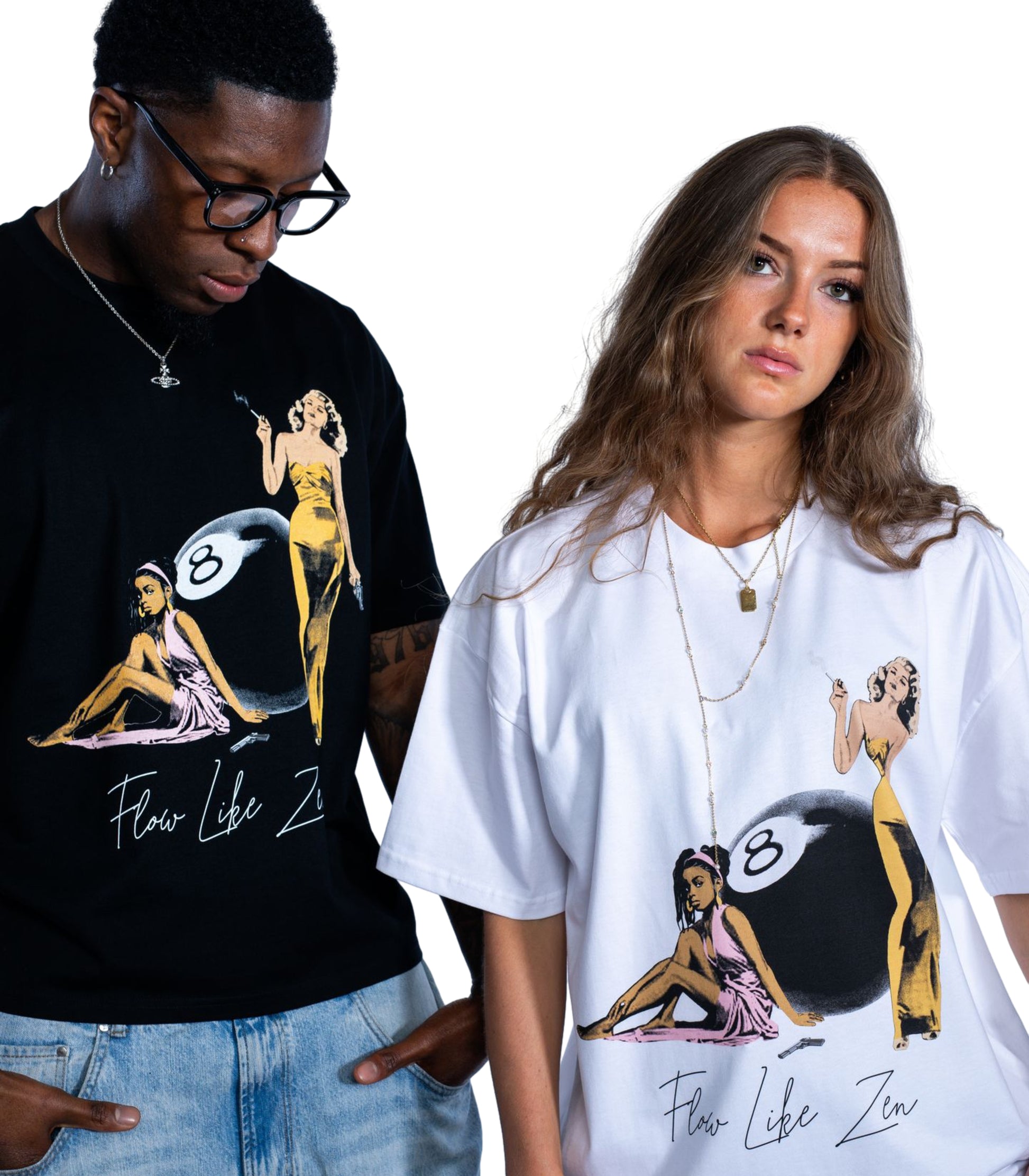 Male and female models wearing Flow Like Zen graphic tees in black and white – premium British streetwear brand.