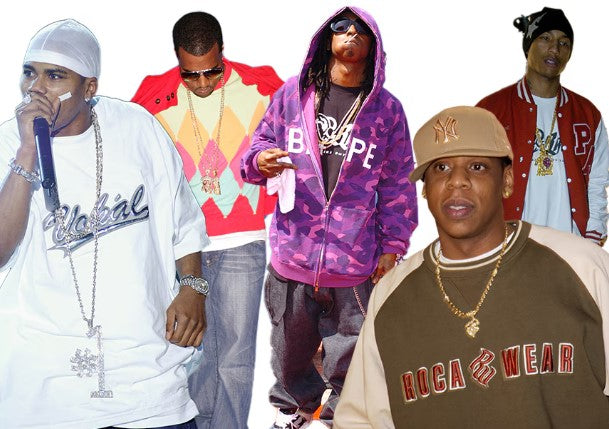 Five famous rappers wearing streetwear clothing 