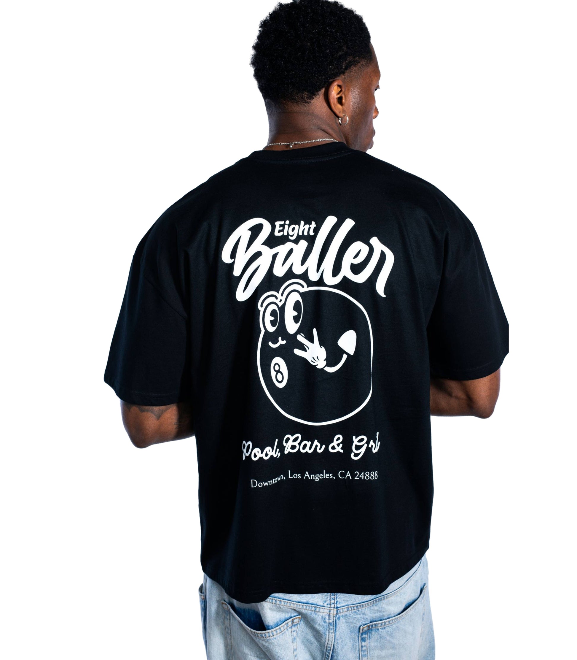 Stylish black graphic tee from Eight Baller – urban clothing with bold back print design inspired by pool culture, ideal for streetwear fashion in London and UK cities.