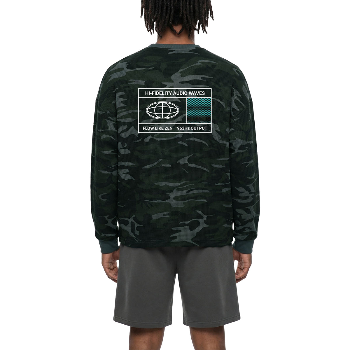 HI-FI AUDIO WAVES, Waffle, Boxy Long Sleeve Camo Tee