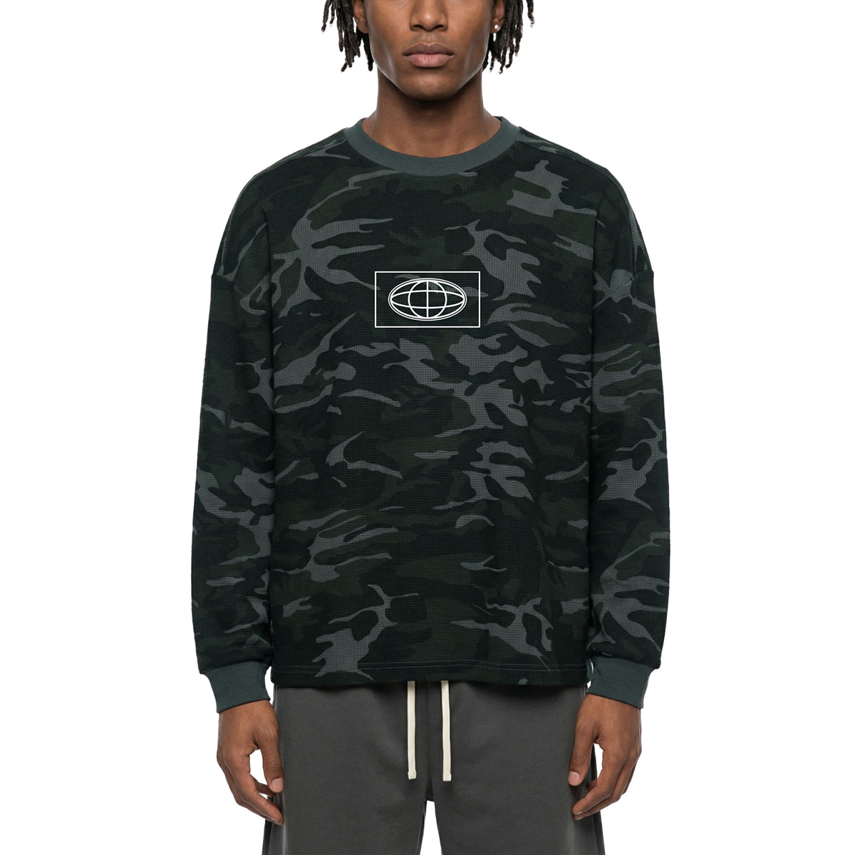 HI-FI AUDIO WAVES, Waffle, Boxy Long Sleeve Camo Tee