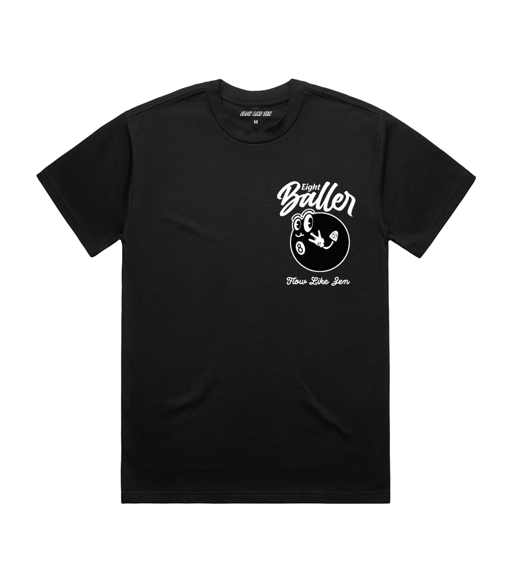 Flat-lay of a black luxury streetwear graphic t-shirt from a UK urban fashion label, featuring a bold white cartoon 8-ball logo with ‘Eight Baller’ script above, ‘Pool, Bar & Grill’ tagline below, and ‘Downtown, Los Angeles, CA 24888’ location text