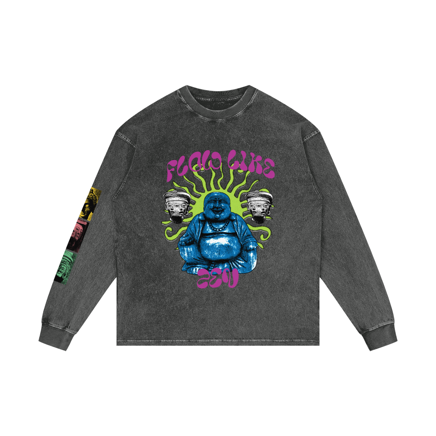 Trippy Bhuda Acid Wash Long Sleeve T-Shirt